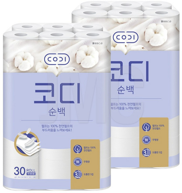 코디 순백 3겹 천연펄프 롤 화장지 25m, 25mm, 30롤, 2개