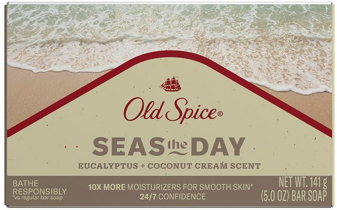 Old Spice 남성용 바 비누 Seas THE 더 Day 유칼립투스 및 코코넛 크림 향 부드러운 피부를 위한 10배 많은 모이스처라이저 순한 각질 제거제 식물 기반 클, 1