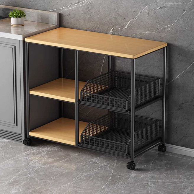 이동식 아일랜드 밥솥 레일 식탁 수납 선반 주방대 바퀴, 원목+블랙 프레임 (바퀴 포함)