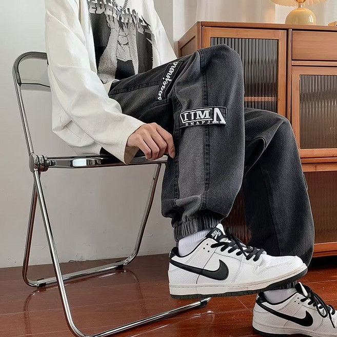 MAKABORO 남성 카고 데님 팬츠 봄가을 허리밴딩 패션 청바지 캐주얼 조거 팬츠