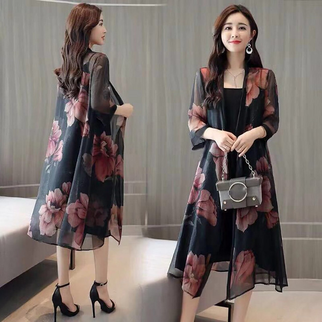 ROYALBELLE 여성 쉬폰 플라워 롱가디건 비치 루즈핏 7부소매 자외선 차단 가디건 E0040202