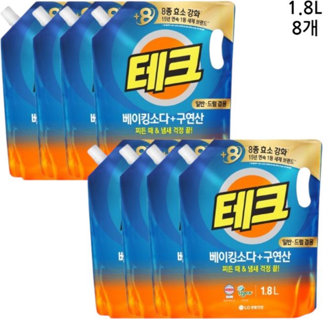 테크 베이킹소다+구연산 액체세제 일반/드럼 겸용, 1.8L, 8개