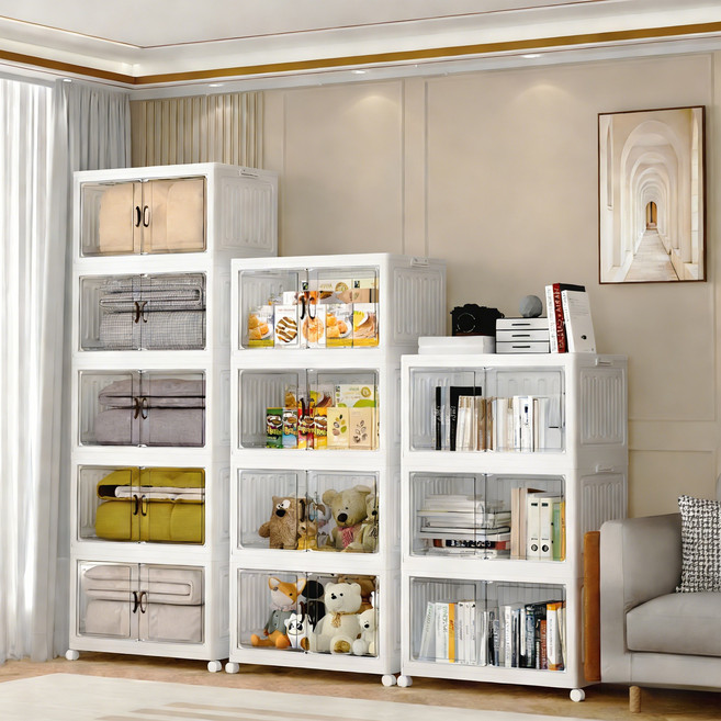 Kleeno 접이식 설치 면제 양문 수납장 3단 4단 5단 이동식 다용도 수납장 가정 베란다 거실용 수납장 간식 장난감 수납장 리빙박스 정리함 수납함, 3층, 3층