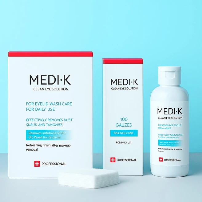 약국입점 메디케이 클린아이솔루션 눈꺼풀세정제 대용량 150ml + 의약외품 거즈 100매, 1세트, 무색 - 쿠팡