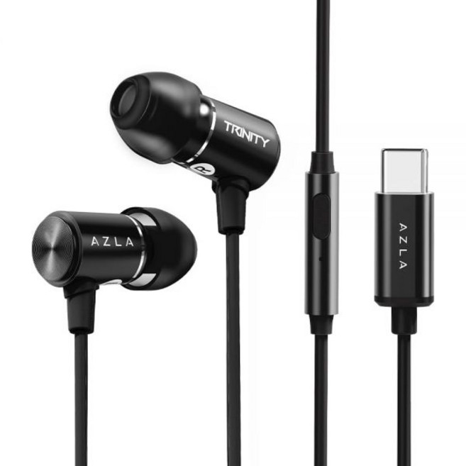 AZLA Trinity USB-C 유선 이어폰 (마이크 및 DAC 내장) - 고해상도 사운드 8mm 다이내믹 드라이버 | iPhone 16 삼성 갤럭시 안드로이드폰용 헤드, Black, 1