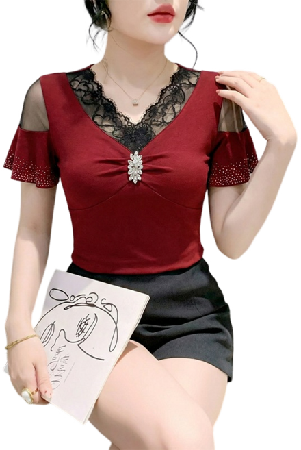 라인댄스복 스포츠댄스복 여성용 여름 브이넥 레이스 패치 큐빅 반팔 티셔츠 +Women's T-shirt 뉴타임즈