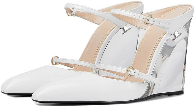 [미국수입정품] Goolita 여성용 투명 웨지 힐 버클 스트랩이 있는 클로즈드 포인티드 토 뮬 섹시한 백리스 슬립온 파티 이브닝 슈즈 화이트. 8 287597