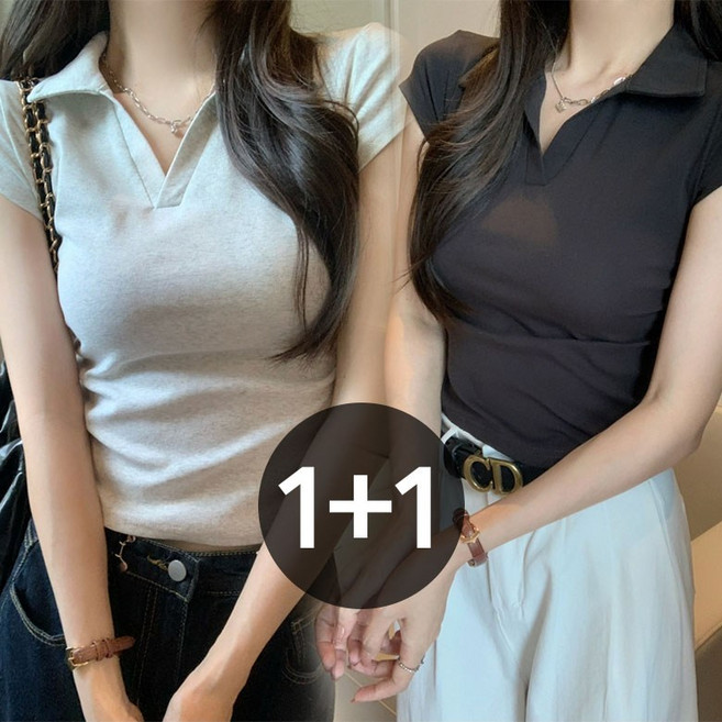 아이엠몽 여성 슬림핏 오픈 카라넥 무지 반팔 티셔츠 세트