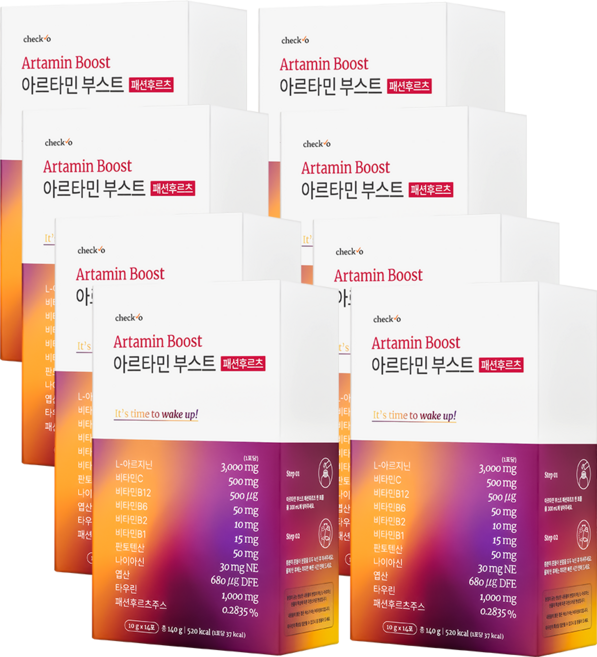 [공식 판매처] 체크오 아르타민 부스트 패션후르츠 아르기닌 타우린 고함량 활력 비타민 패션후르츠맛, 8박스, 14회분