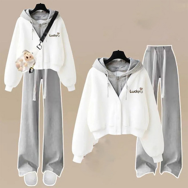 꽃소담 여자 레이어드 후드티+와이드 긴바지+백 트레이닝복 상하의 세트 3종 XXP1631