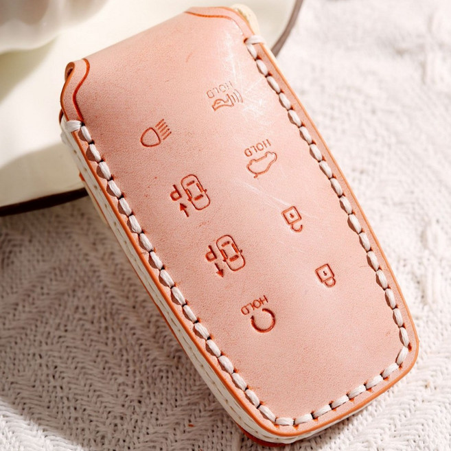 레노포프 제네시스 호환 G70 / GV70 / G80 / GV80 8버튼 가죽 키케이스 스마트 키홀더 키커버, 연핑크 데이지