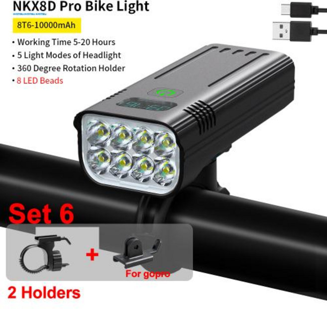 자전거 조명 라이트 전조등 10000mAh 디지털 배터리 표시기 USB 충전식 세트 3 홀더 8 LED 손전등, set6- 10000mah-8leds, 6)Set6- 10000mAh-8LEDs, 01 빠른배송/안심보험