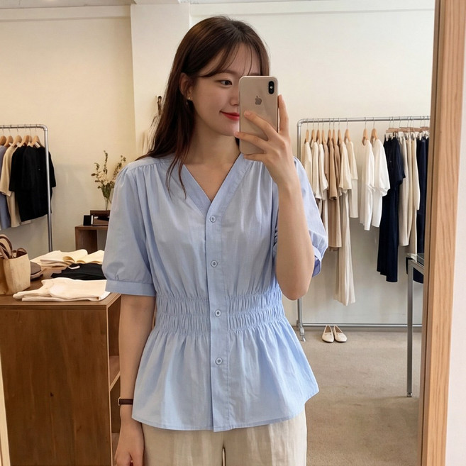 B178-8 피필스 빅사이즈 여성 브이넥 반팔 스모크 셔링 블라우스 여름용