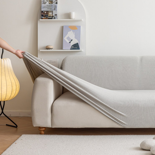 [먼지없는] 커버무드 스트라이프 소파 커버 + 자체제작 고정 스펀지, 1개, 라이트 그레이