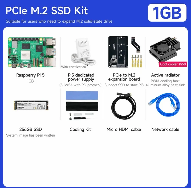 공식 라즈베리 파이 5 1G RAM 개발 보드 AI 대형 모델 키트 전자 제품 케이스 팬 장치 옵션 포함, 04 1GB-PCIE M.2 SSD Kit
