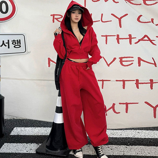대박난박양 후드집업+팬츠 레드 트레이닝 셋업