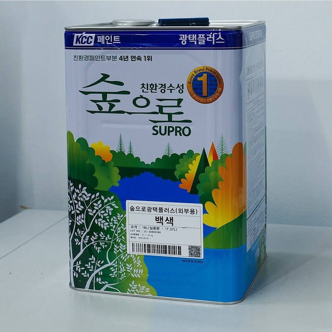 KCC 숲으로 광택플러스 18L(백색/투명/흑색) 유광 내부용 친환경페인트 낙서방지 투명 코팅제 투명페인트, 백색, 18L, 1개