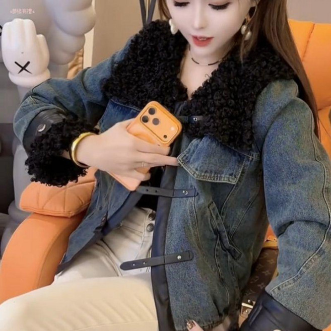 復古洋氣短款冬季毛毛拼接牛仔外套