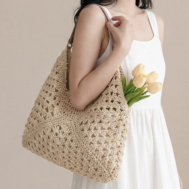 라뷰드 여성 여름 그물 라탄 숄더백 여자 여행 비치 피크닉 가방 숄더 밀짚 라탄백 베이직 데일리 가벼운 캐주얼 비치백