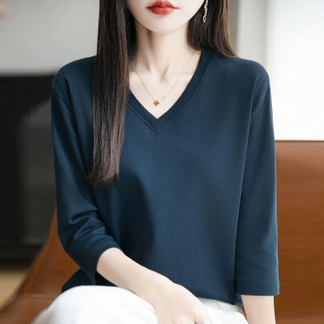 Vezri 여성 여름 V넥 7부소매 티셔츠 루즈핏 심플 데일리 F88