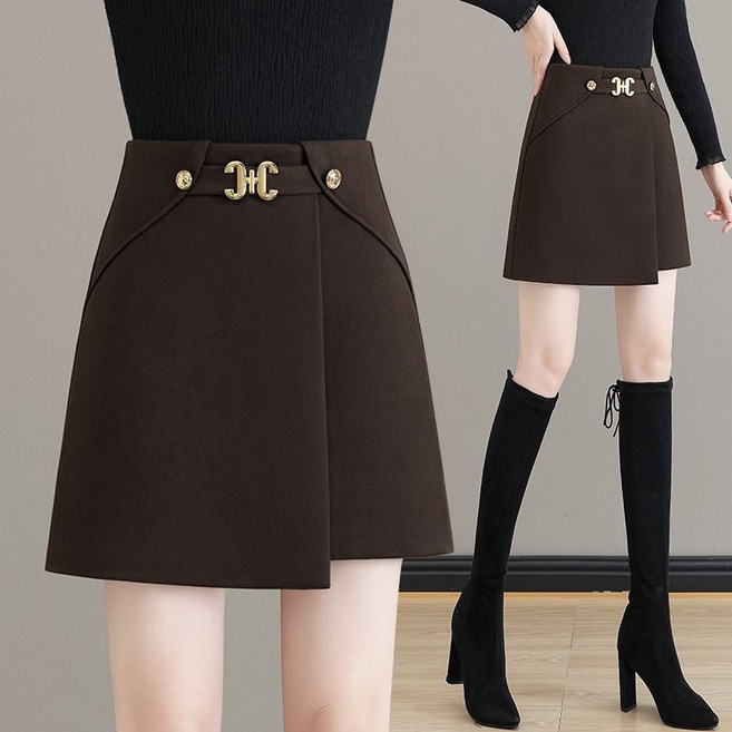 不規則毛呢半身裙 女 春秋冬季 高腰顯瘦 A字短裙
