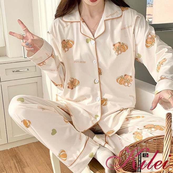 【Kilei】孕婦睡衣 月子服 南瓜熊牛奶絲側掀哺乳衣長袖二件式睡衣組XA4395