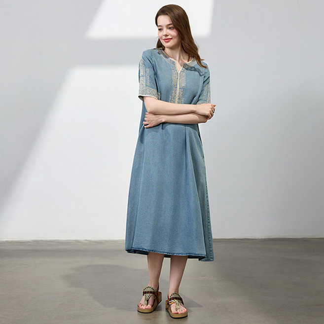텐셀데님 시원한 자수 미디 원피스 스타일리쉬 캐주얼 시원한 착용감 데일리룩 편안한 여행용