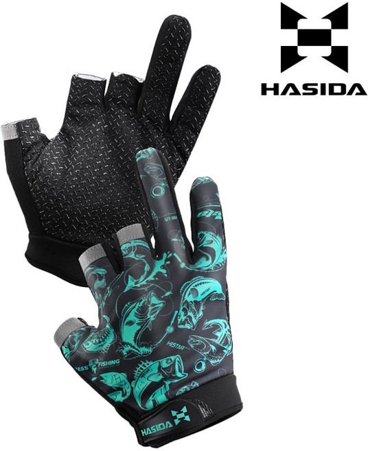 하스다 스판 4계절 3컷 미끄럼방지 낚시 장갑, 1세트, 그린