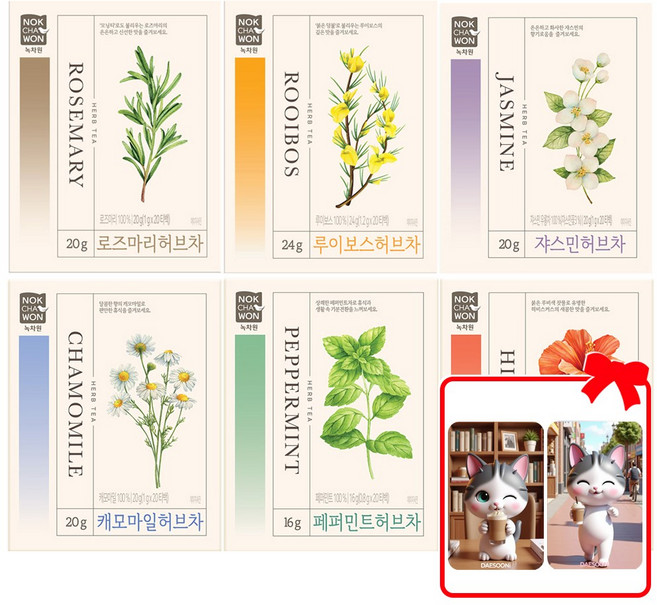 녹차원 허브차 20T 6종 세트 캐모마일 페퍼민트 루이보스 자스민 (+대순이 캐릭터 포토카드 증정), 1세트, 120개입, 800mg