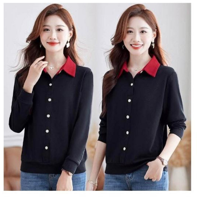 長袖女媽媽裝Polo衫假兩件春秋薄款翻領保暖打底衫寬鬆上衣