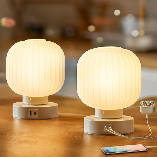 Elenhome 터치 소형 테이블 램프 우아한 골드 유리 침대 옆 램프 3방향 조도 조절 가능 USB C+A 충전 포트 포함 - 침실 나이트 스탠드 및 거실 필수품 4W, White_2pack, 2pack