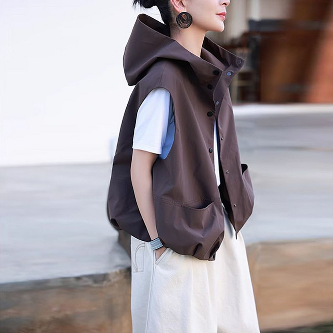 ORZQU 여성 캐주얼 후드 조끼 코트 데일리 봄 민소매 베스트 루즈핏 숏 조끼