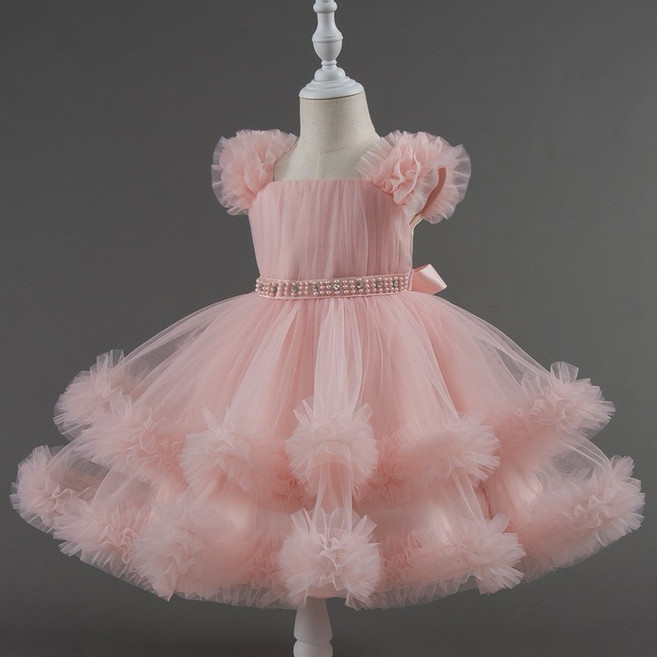 女童公主裙 珍珠花朵網紗連身裙 幼兒園畢業禮服 鋼琴表演服裝 花童禮服