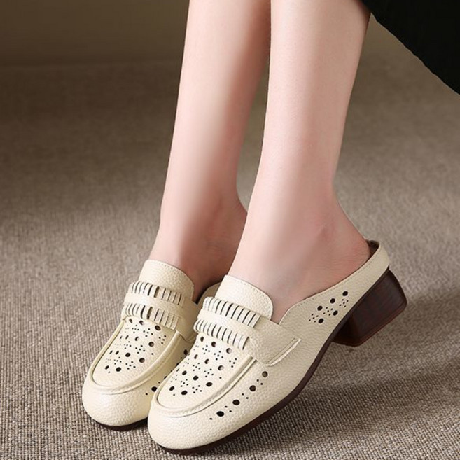 여성 펀칭 가죽 키높이 뮬 슬리퍼 봄 여름 빈티지 캐주얼 샌들 슈즈