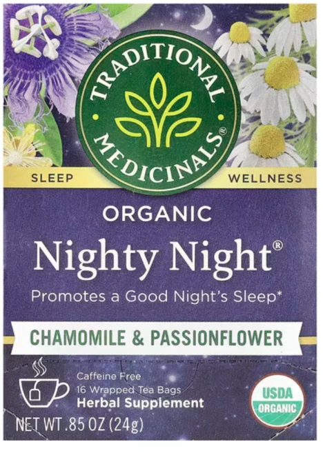 Traditional Medicinals 유기농 나이티 나이트 엑스트라 카모마일 & 시계꽃 카페인 무함유 디카페인 16티백, 1개, 16개입 - 쿠팡