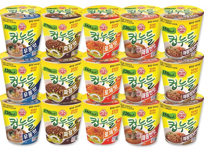 오뚜기 컵누들 5종 (매콤한맛 37.8g + 컵누들우동 38.1g + 매콤찜닭맛 45.5g + 로제맛 49.8g + 짜장맛 40.5g 각 3개씩), 1세트
