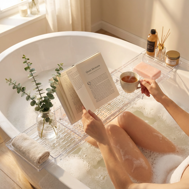 492팩토리 길이조절 반신욕 욕조 선반 트레이, 1개, 투명