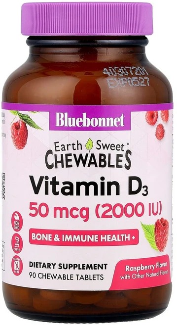 Bluebonnet Nutrition Vitamin D3 Raspberry 블루보넷 뉴트리션 비타민 D3 라즈베리 50mcg 90츄어블 타블렛, 90정, 1개 - 쿠팡