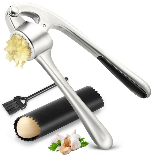 주방용 마늘 프레스 스테인리스 스틸 프리미엄 녹 방지 및 식기 세척기 안전 마늘 다지기, 1세트, 은색