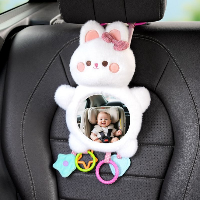 嬰兒觀察鏡 車內後視鏡 寶寶後排反向鏡, 1個, 蝴蝶結白兔【高清曲面鏡-視野更開闊】