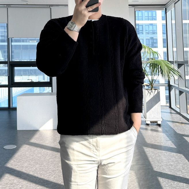 룩플레인 세련된 케이블 울 헨리넥 라운드 니트 3color