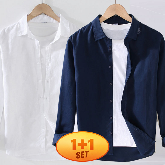 봄가을용 남성 폴라 긴팔 셔츠 스타일 디자인 트렌디 캐주얼 아이템 린넨 혼방 소재 부드러운 착용감 통기성 베이스 컬러 깔끔한 디테일 1+1 2장입