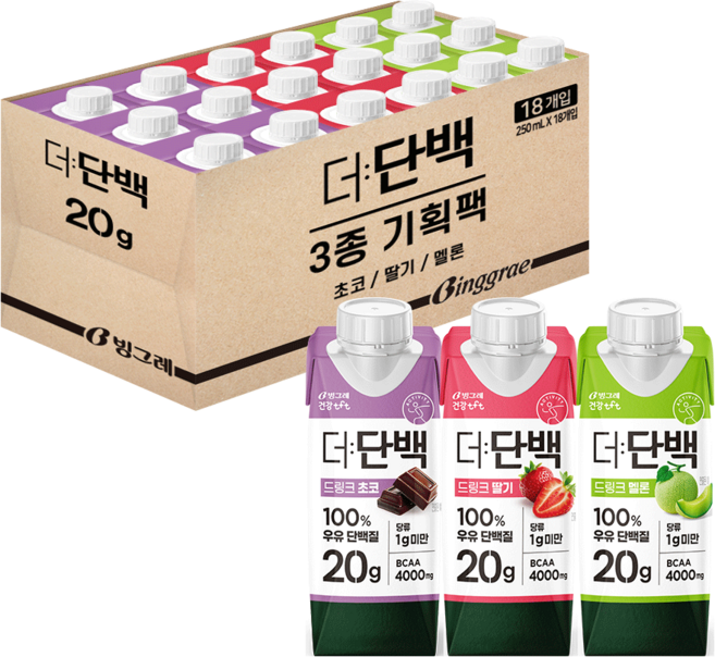 빙그레 더단백 드링크 프로틴음료 3종 혼합(초코6+딸기6+멜론6) 총 18개, 250ml