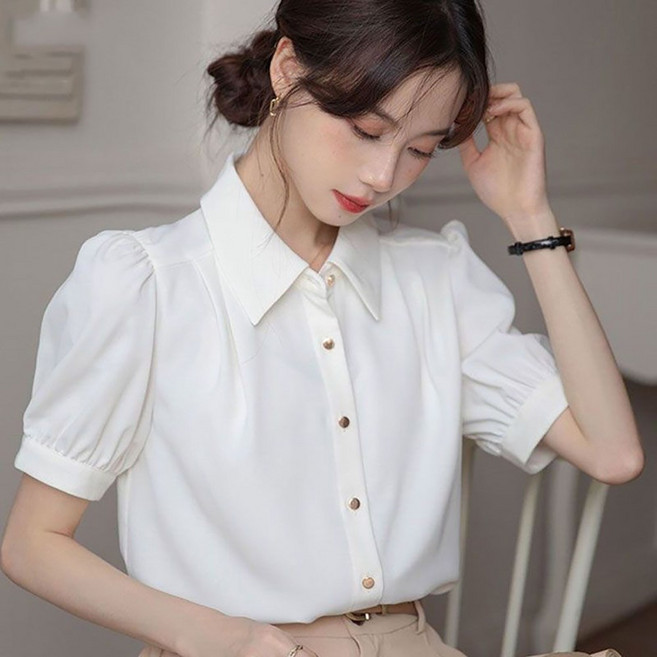 ROYALBELLE 여성 우아한 퍼프소매 반팔 셔츠 세련된 클래식 데일리 블라우스 F0030319