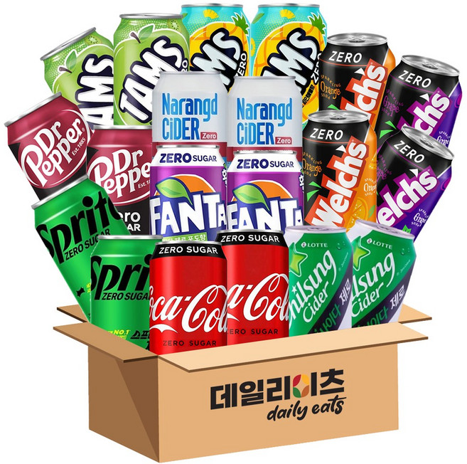 데일리이츠 제로칼로리 탄산음료 뚱캔 350ml 10종 20개입 (코크2 스프라이트2 칠성사이다2 닥터페퍼2 환타포도2 웰치(포도2 오렌지2) 나랑드2 탐스제로(사과키위2 파인2)), 1세트