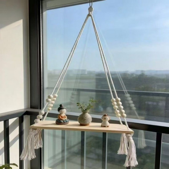 셔니엘 감성적인 인테리어 소품인 마크라메 행잉 선반, 1단, 원목