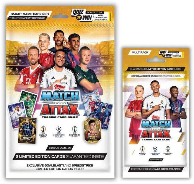 상위 UEFA 챔피언스 리그 경기 Attax 2025 트레이딩 및 수집 가능한 카드 게임 (스마트 팩), 3 Smart Game Pack Pro + Multip