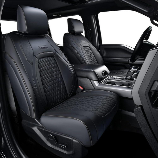 Coverado Ford F150 Seat Covers Full Set Gray Car Seat Covers Waterproof Faux Leather Full Coverag, 앞좌석, 블랙