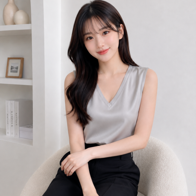 MS HOME 여성 실키 브이넥 민소매 블라우스 오피스 이너 나시