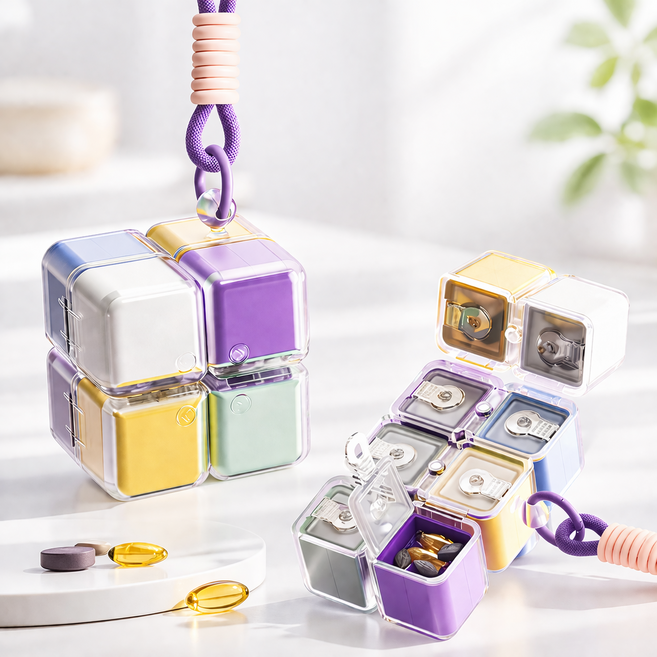 익스오더 휴대용 8칸 케이스 보관 미니 키링 약통, 1개, 혼합